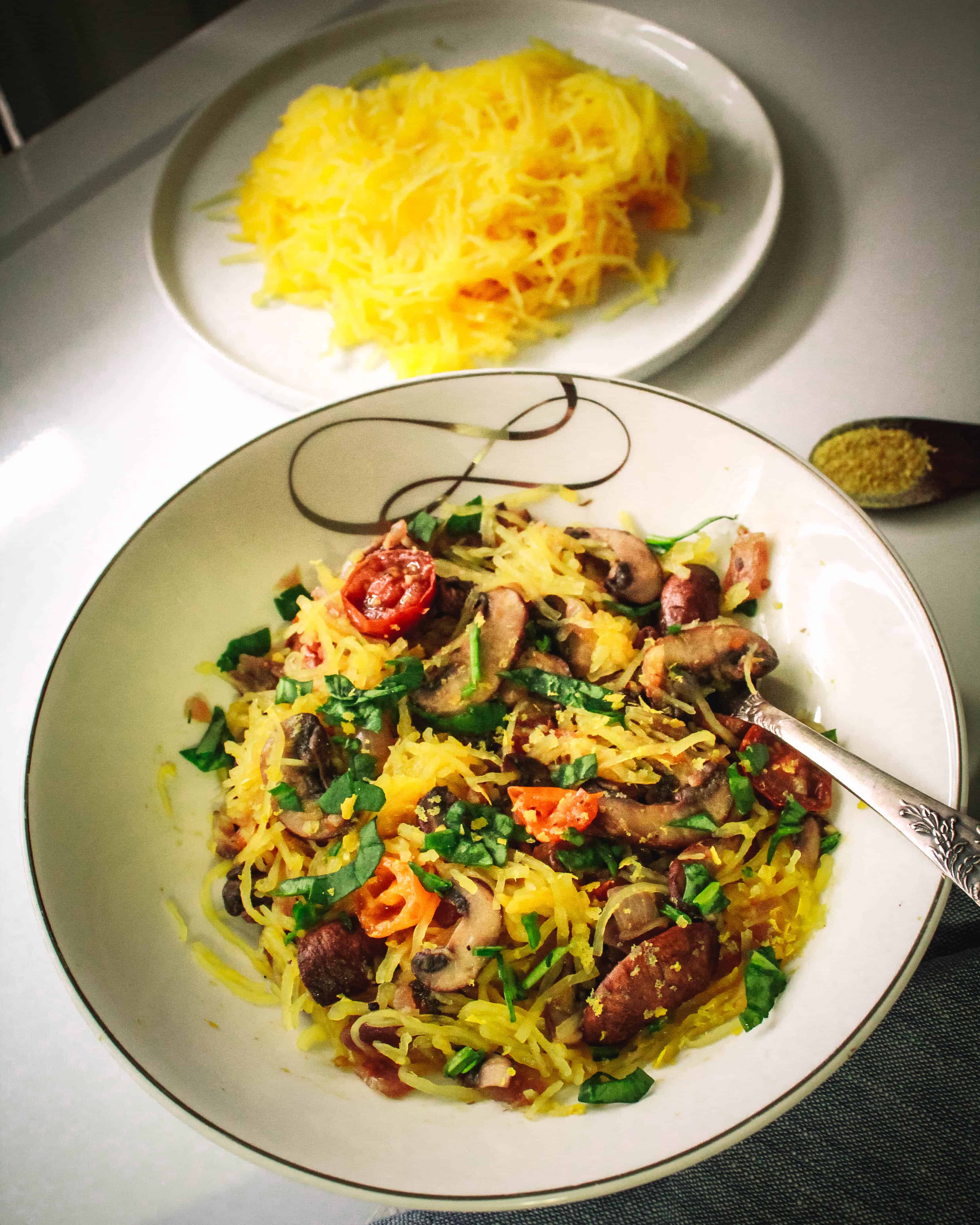 SPAGHETTI SQUASH WITH MUSHROOMS AND CHERRY TOMATOES