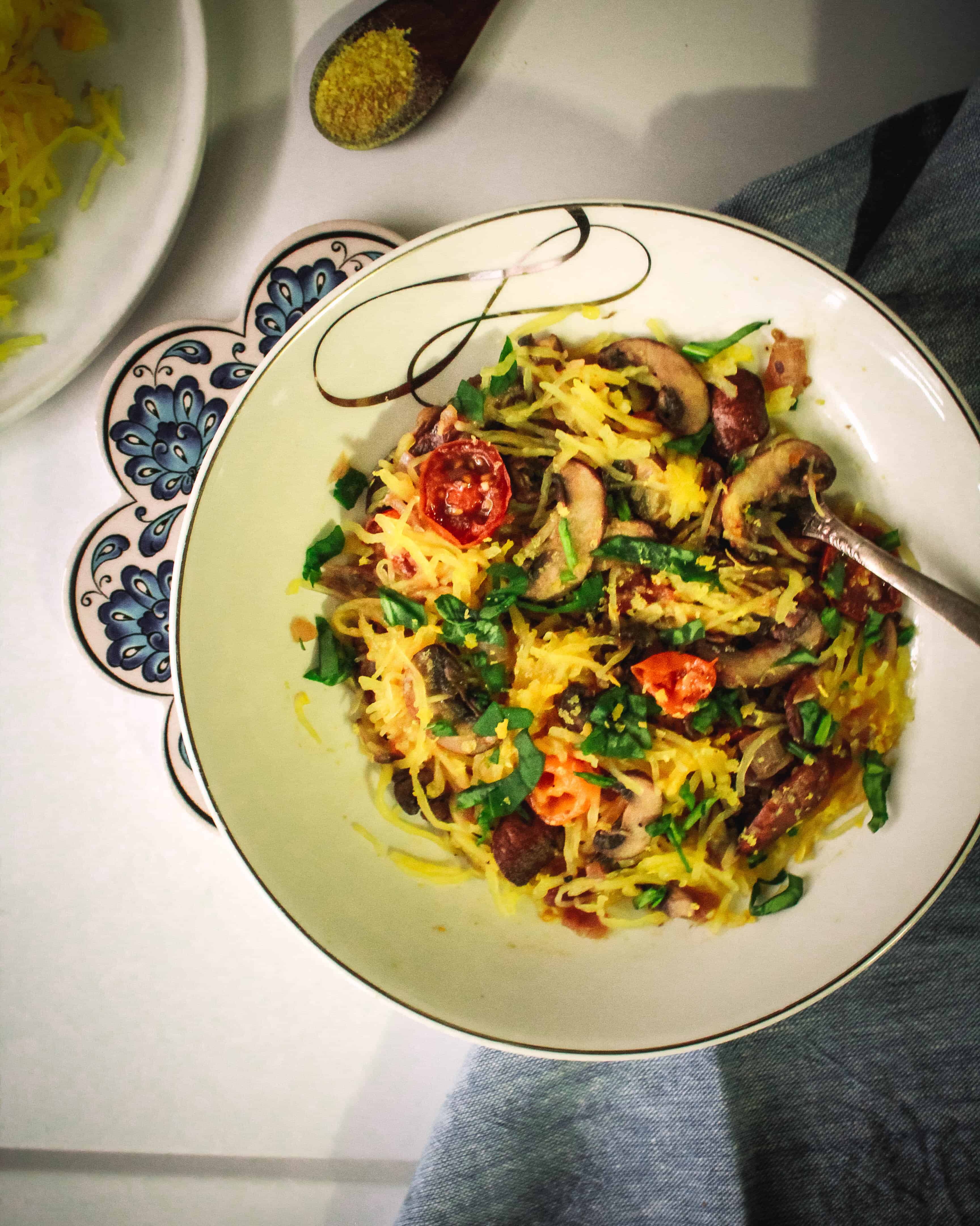 SPAGHETTI SQUASH WITH MUSHROOMS AND CHERRY TOMATOES