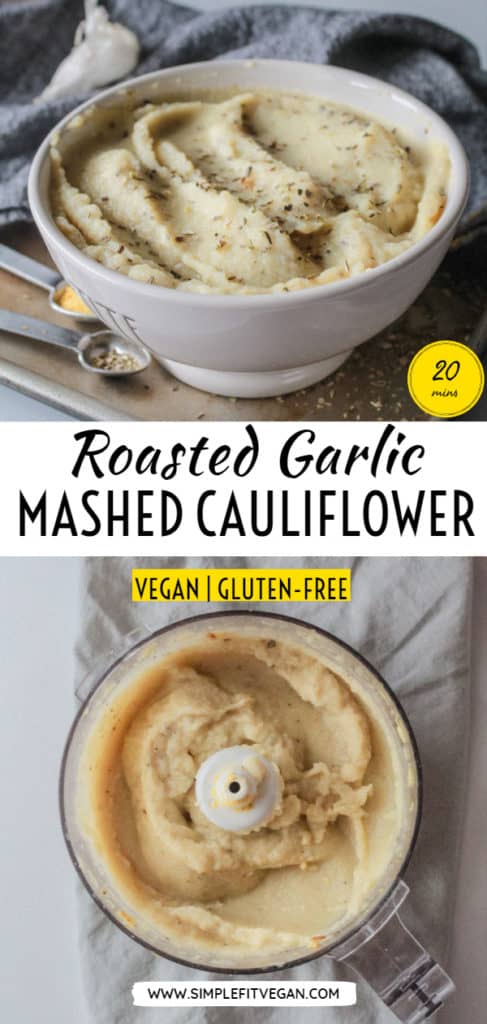 Such an easy, vegan alternativeto traditional mashed potatoes. This Roasted Garlic Cauliflower Mash is creamy, flavorful, and low-carb making it a perfect healthy side dish! #cauliflower #vegan #holidayrecipe
