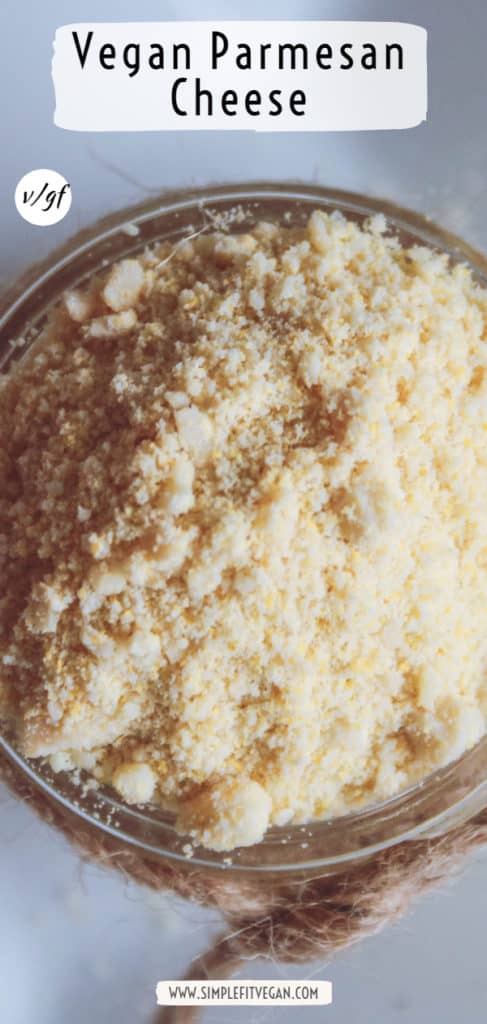 Make your own Vegan Parmesan Cheese in 10 minutes! This recipe is made with almonds, it's gluten-free, and tastes like real cheese! Save this recipe as you will be making it over and over again! #vegan #vegancheese #veganparmesan #veganrecipe #plantbased #plantbasedrecipe