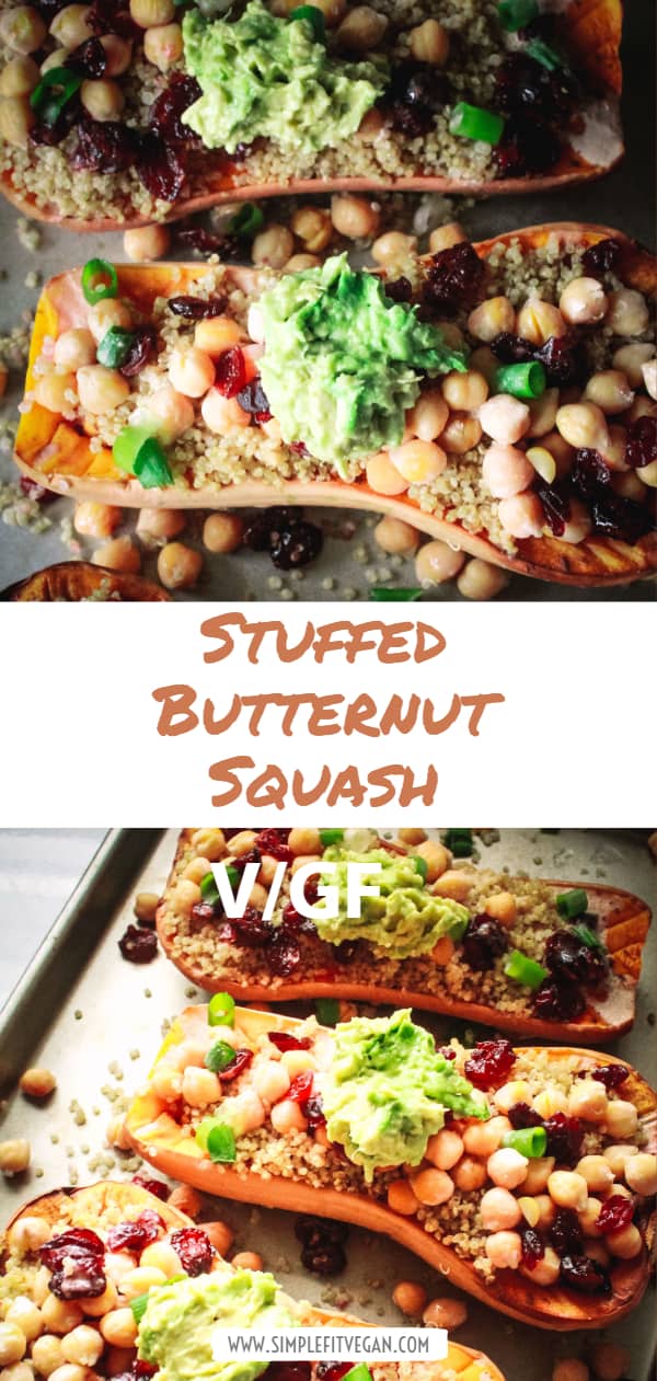 Butternut Squash halves stuffed with quinoa, cranberries, and chickpeas