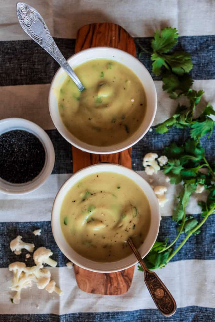 Healthy, simple Curried Cauliflower Soup that is ready in 30 minutes! It’s warm, subtly spicy, and so comforting – perfect on a chili day!