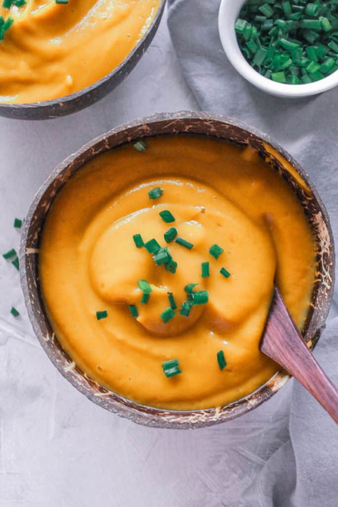 Healthy Sweet Potato Soup recipe that’s ready in 30-minutes! It’s dairy-free and made with only 5 ingredients! #sweetpotato #soup #dairyfree