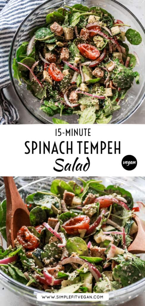 This delicious, easy-to-make Spinach Tempeh Salad recipe is packed with protein, healthy fats, full of great flavor, and tossed with tahini dressing. #salad #spinach #tempeh