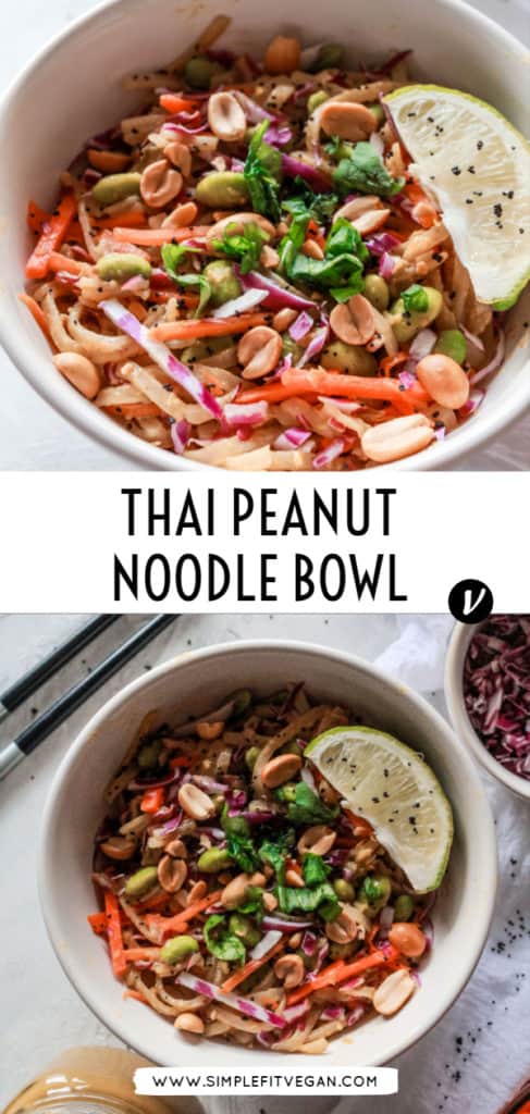 Vegan Thai Peanut Noodle Bowl that is easy to make, subtly spicy, and packed with protein! #thai #peanut #noodles