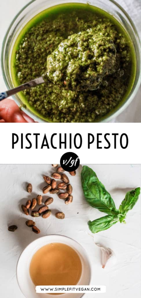 Creamy and crunchy Pistachio Pesto recipe that’s ready in 10 minutes! It’s great to use in pastas, salads, or as an appetizer! #pesto #pistachio #sauce