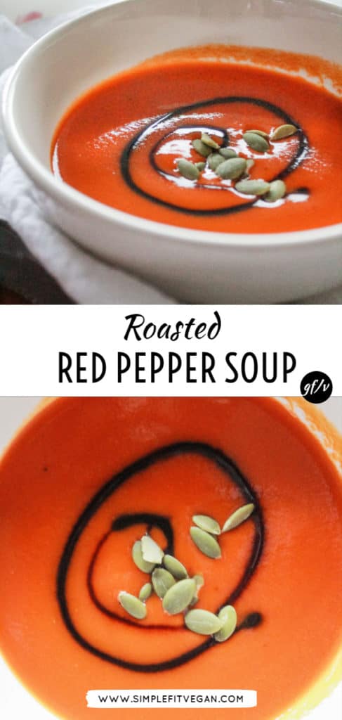 Healthy Roasted Red Pepper Soup that’s delicious hot or cold. It’s the perfect way to get your veggies for the day! #soup #veganrecipe #redpepper