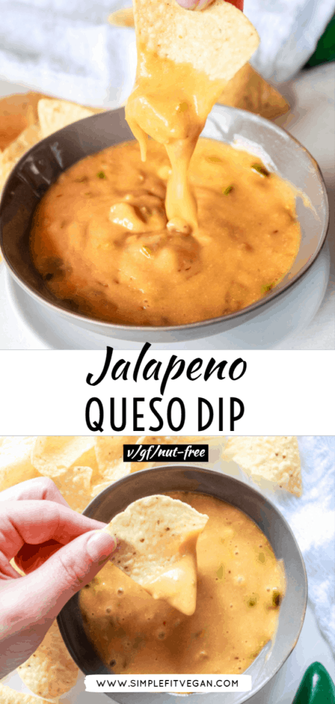 This vegan Jalapeno Queso Dip recipe is potato-based and is nut free and dairy-free. It’s a perfect party appetizer to enjoy with tortilla chips or veggies! #veganqueso #dairyfree #nutfree