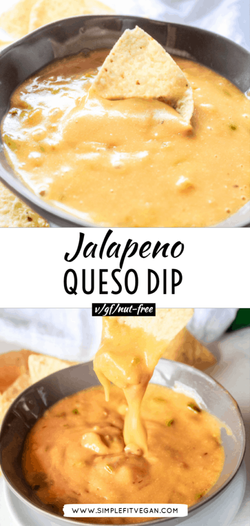 This vegan Jalapeno Queso Dip recipe is potato-based and is nut free and dairy-free. It’s a perfect party appetizer to enjoy with tortilla chips or veggies! #veganqueso #dairyfree #nutfree