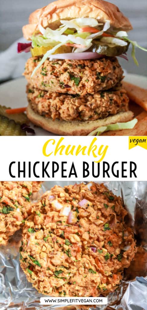 These easy Chunky Chickpea Burger patties are juicy and full of flavor! Try them as a classic burger, wrapped in lettuce, or as protein in a grain bowl. #veggieburger #chickpeas #veganburger