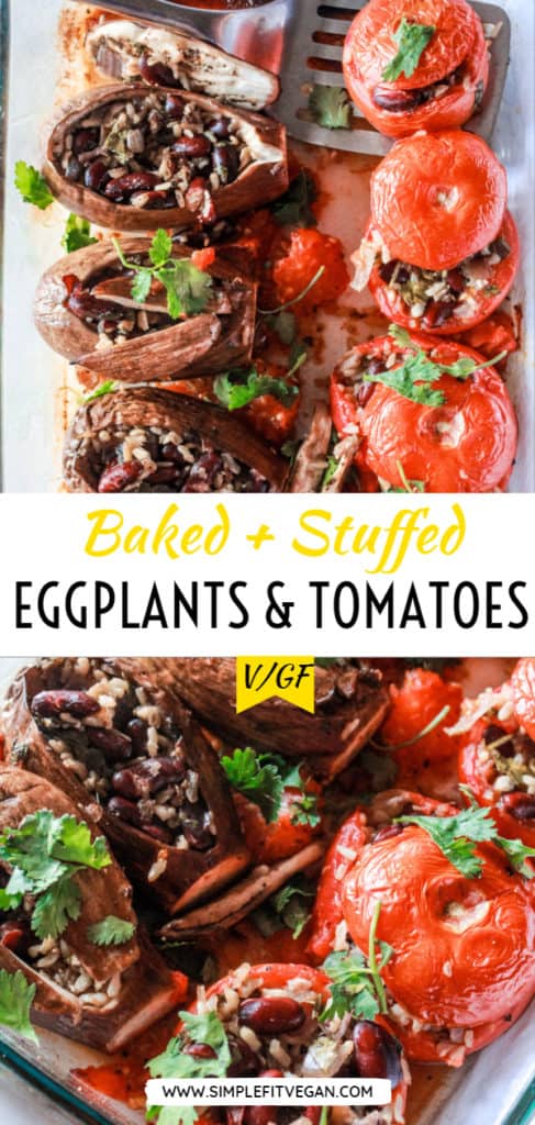 Put them eggplants to good use in this delicious meal! Stuffed with brown rice and kidney bean, these vegetables transform into a hearty, satisfying entrée! #eggplants #plantbased #vegetarian #vegan #glutenfree