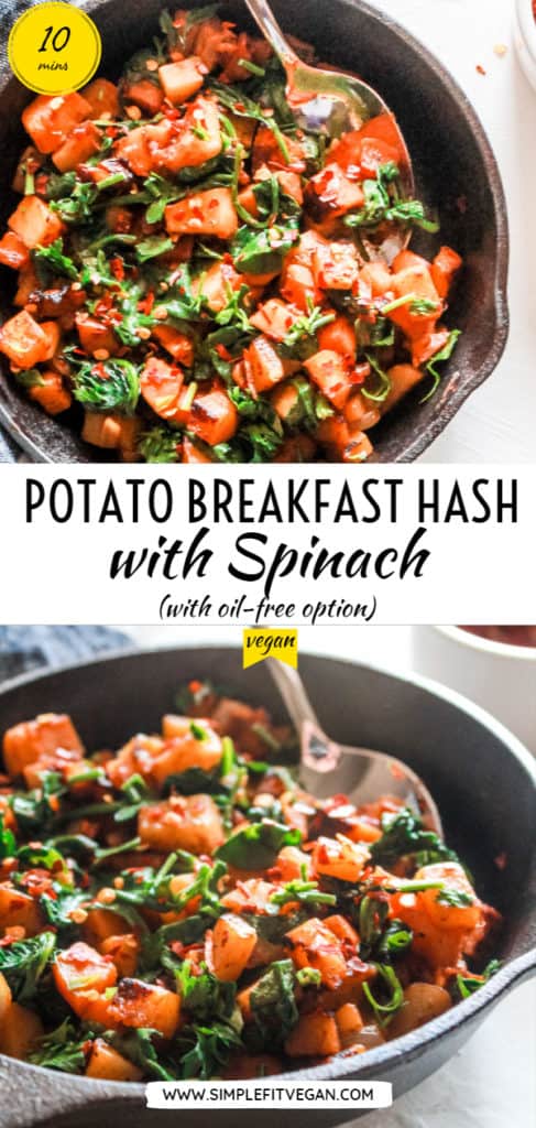 Fall in love with this satisfying, savory breakfast! This one-skillet breakfast hash is made with a mix of sweet and gold potatoes and spinach for a healthy kick! #veganbreakfast #hash #potatoes