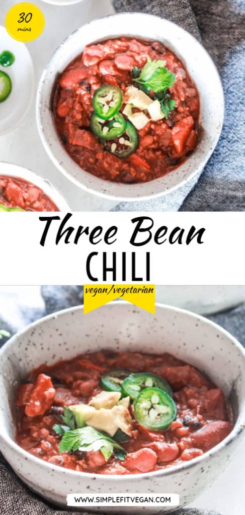 This vegan chili has a rich and hearty texture. It’s an easy, simple recipe that’s ready in 30 minutes! #chili #beans #dairyfree