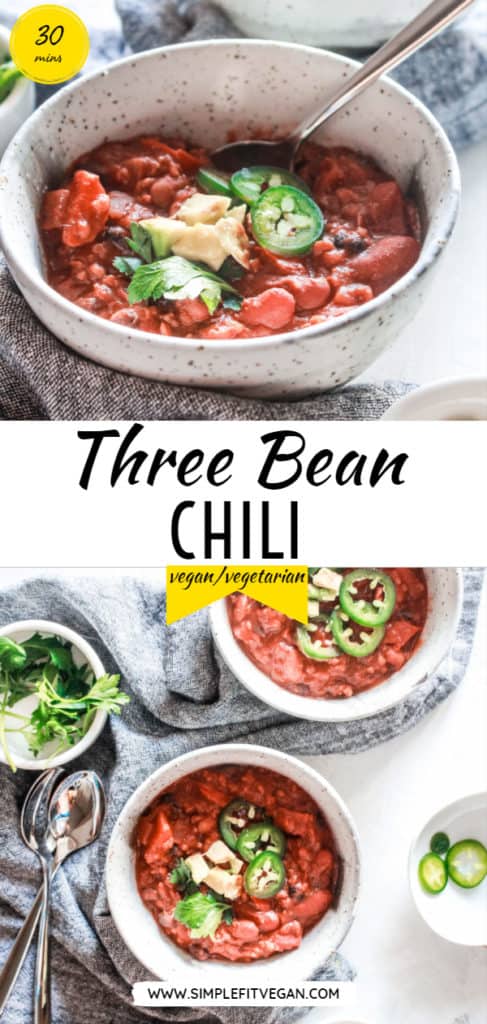 This vegan chili has a rich and hearty texture. It’s an easy, simple recipe that’s ready in 30 minutes! #chili #beans #dairyfree 