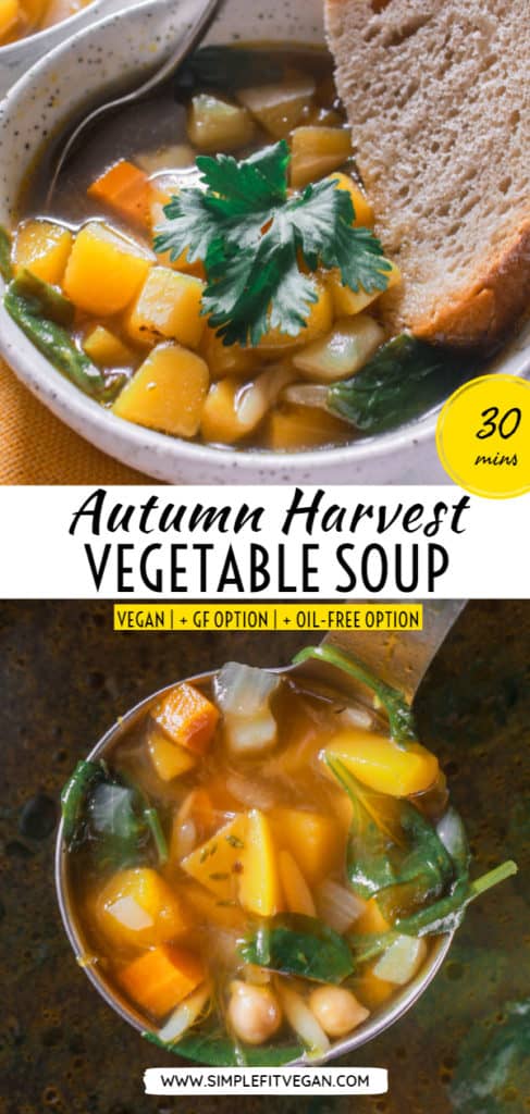Warm up with this healthy, cozy, fall vegetable soup! It’s healthy, comforting soup loaded with freshly harvested autumn vegetables and spices. Plus, it’s ready under 30 minutes! #autumsoup #vegetablesoup #healthy #soup