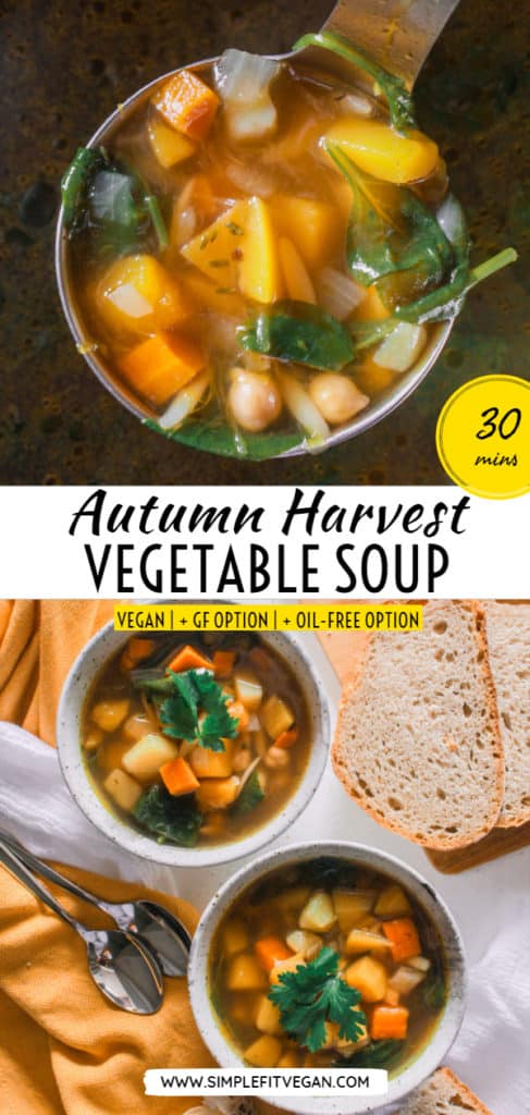 Warm up with this healthy, cozy, fall vegetable soup! It’s healthy, comforting soup loaded with freshly harvested autumn vegetables and spices. Plus, it’s ready under 30 minutes! #autumsoup #vegetablesoup #healthy #soup