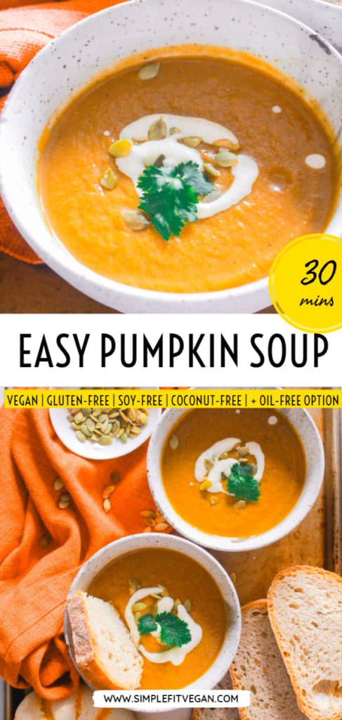 Make this healthy, pumpkin soup in under 30 minutes! It’s creamy, vegan, dairy-free, and mildly sweet! #healthy #vegan #dairyfree