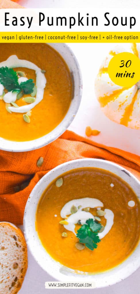 Make this healthy, pumpkin soup in under 30 minutes! It’s creamy, vegan, dairy-free, and mildly sweet! #healthy #vegan #dairyfree