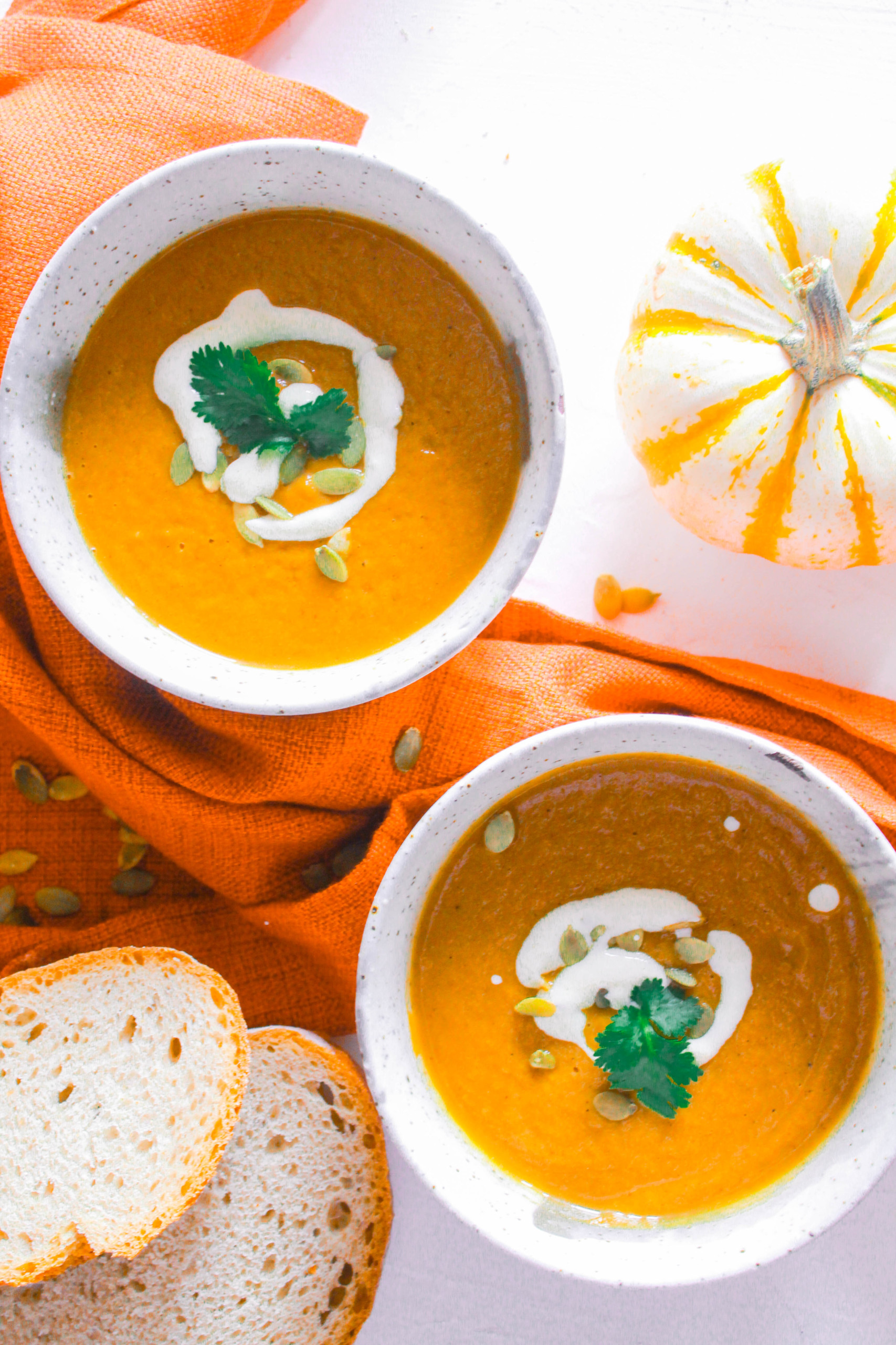 Make this healthy, pumpkin soup in under 30 minutes! It’s creamy, vegan, dairy-free, and mildly sweet! #healthy #vegan #dairyfree