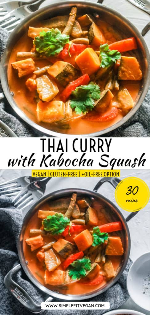Easy Red Thai Curry made with Kabocha Squash that’s ready in 30 minutes! It’s creamy, warm, subtly sweet, and makes a comforting weeknight meal! #thai #curry #kabocha #squash