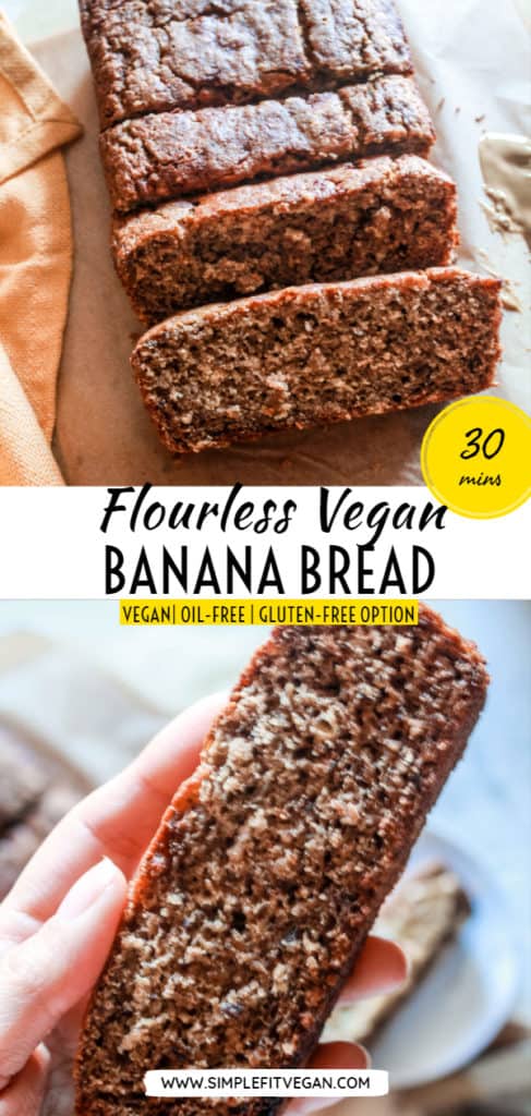 Healthy and easy banana bread recipe made without flour! It’s soft, moist, sweet, and full of banana flavor! #bananabread #vegan #easyrecipe