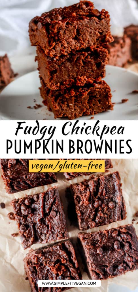 These vegan pumpkin brownies are made with chickpeas and have zero flour! It’s an easy, low calorie, and healthy dessert idea for any day! #brownie #chickpea #healthyrecipe #vegan