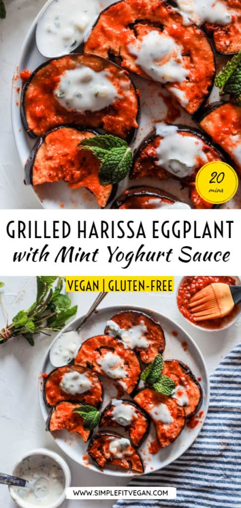 Super simple, healthy stovetop harissa eggplant recipe topped with a delicious mint yogurt sauce. Serve on its own as a side or mix in salads or pasta! #eggplant #harissa