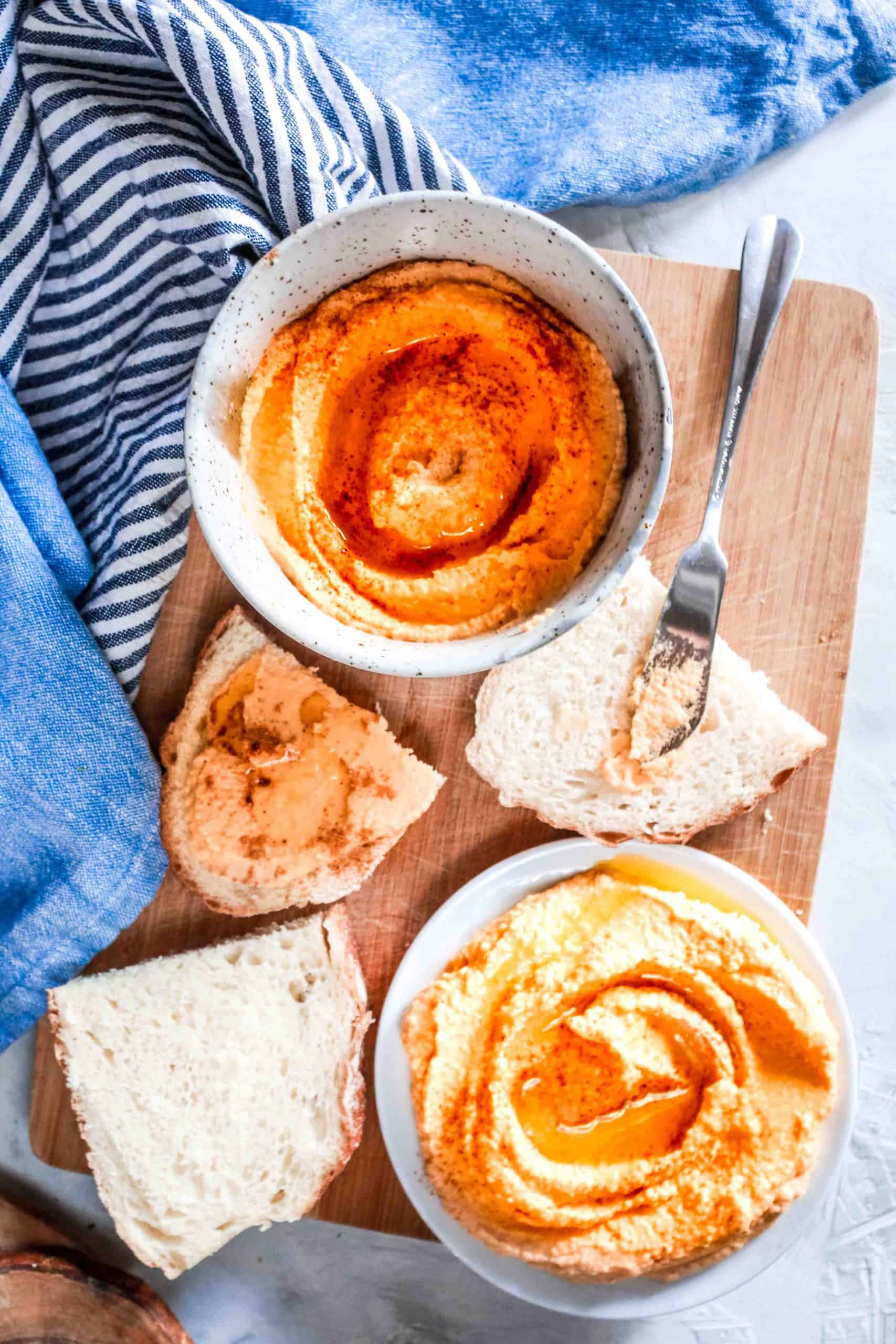 Super easy Sweet Potato Hummus recipe that takes 5 minutes to make from start to finish! No need to roast sweet potatoes! #hummus #sweetpotato #veganrecipe