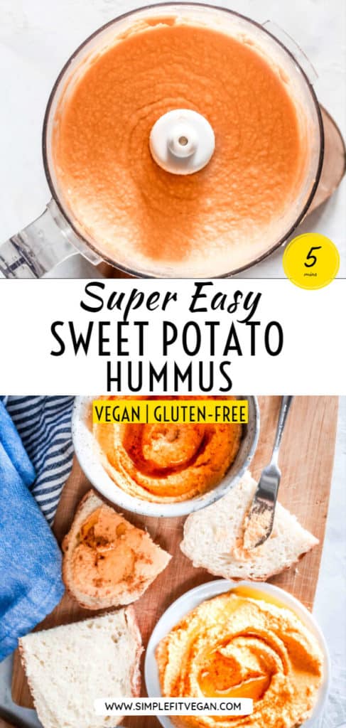 Super easy Sweet Potato Hummus recipe that takes 5 minutes to make from start to finish! No need to roast sweet potatoes! #hummus #sweetpotato #veganrecipe