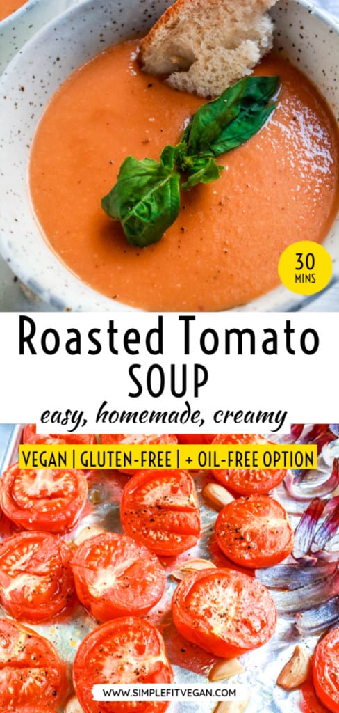Easy, homemade, creamy tomato soup made with real tomatoes and basil. It’s 100% vegan, healthy, and cooks in 30 minutes! #tomatosoup #vegansoup #veganrecipe