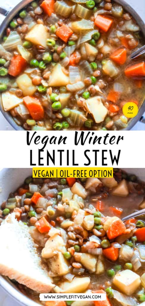 Rich, hearty, healthy stew made with vegetables and lentils. Perfect for dinner on a cold, chili night. Plus, it makes excellent leftovers! #stew #vegan #lentils