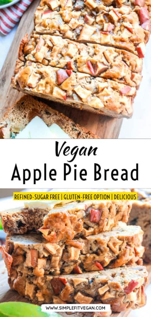 Make this warm and delicious vegan Apple Pie Bread that you can enjoy for breakfast or as a healthy dessert. It’s quick and easy to make, refined-sugar free, and has a gluten-free option! #applebread #vegandessert #applepiebread
