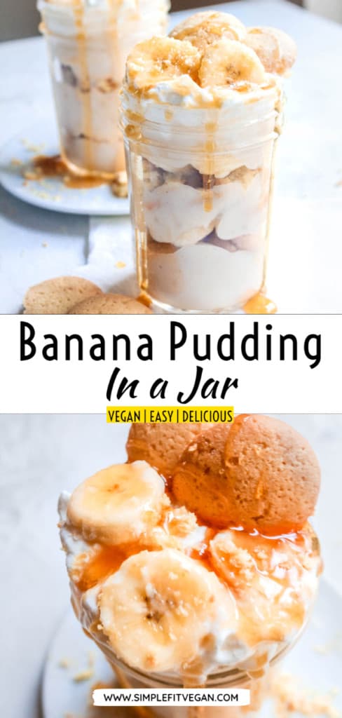 Easy, no-bake, vegan Mason Jar Banana Pudding makes perfect individual dessert! It’s made with instant pudding for quick and easy prep. #bananapudding #vegandessert #easydessert