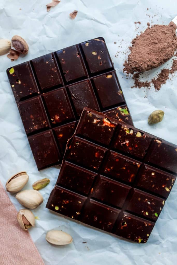 Easy and simple way to make delicious homemade Vegan Chocolate from scratch with only four ingredients! #veganchocolate #chocolate #chocolaterecipe