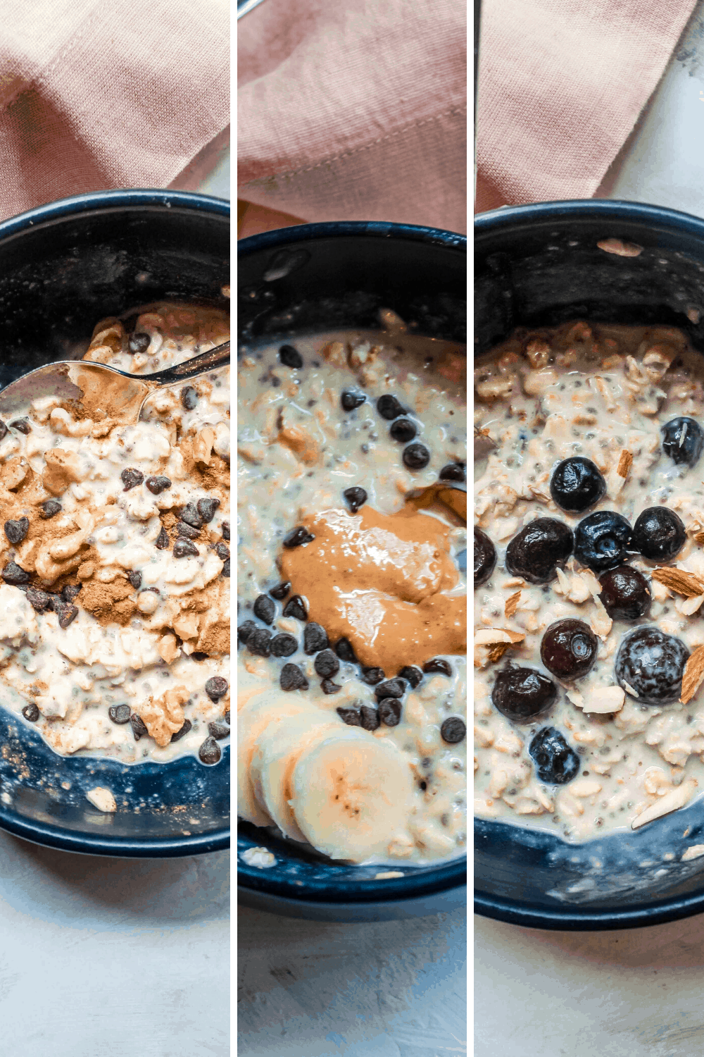 Meal prep your breakfast once by making overnight oats in a jar with three different toppings! It’s a healthy, clean, and easy way to make breakfast! #overnightoats #oatmeal #cleanbreakfast